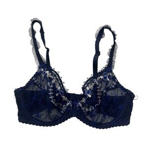 Chantelle Floral Embroidered Unlined Sheer Bra Navy 32C Fairy Romantic‎ Coquette
